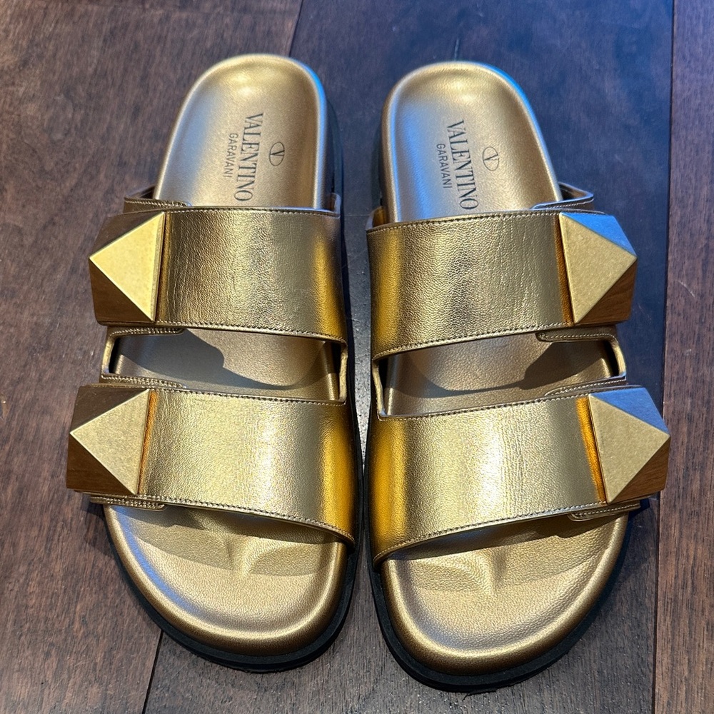 Valentino Women Metallic Gold Slide Sandals